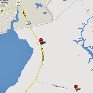 The first accident (A) is at 571 St. George Road (Route 131) and the second accident (B) is on Westbrook Street, in the vicinity of Punkin Hill Road.