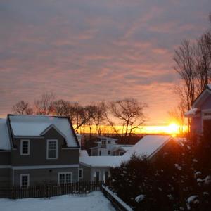 According to the Library of Congress, a red sunrise reflects the dust particles of a system that has just passed from the west. This indicates that a storm system may be moving to the east. If the morning sky is a deep fiery red, it means a high water content in the atmosphere. So, rain is on its way. The sunrise in Camden was bright and vibrant this morning, casting pink into the bands of clouds above. Another storm is due to arrive tomorrow. (Photo by Holly S. Edwards)