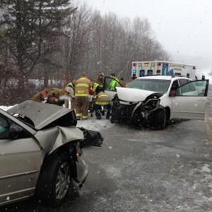A head-on crash on Route 17, by Grassy Pond at the Hope and Rockport town line, sent traffic on a short detour Monday afternoon. (Photo by Lynda Clancy)