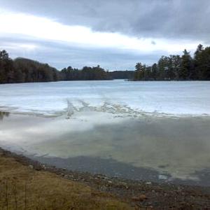 Recent warm temperatures and rain have caused ice to pull away from the shore of Megunticook Lake this week. (Courtesy Lincolnville Police Dept./by Paul Leeper)