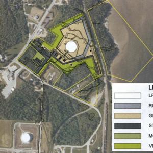 An aerial view indicating the site of a proposed liquefied petroleum gas (propane) terminal at Mack Point in Searsport.
