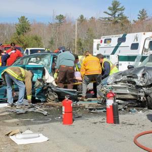 A Ford Escort station wagon being driven by Terry Ripley of Northport and a Mini Cooper being driven by Thomas Tarbox of Camden crashed on Route 1 in Rockport Monday afternoon, sending three to the hospital. (Photo by Holly S. Edwards)