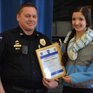 Lincolnville Police Chief Ron Young and eighth-grader Clara McGurren. (Photo by Lynda Clancy)