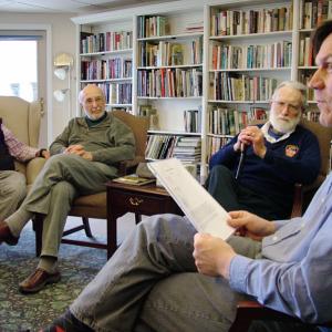 Dr. David Loxterkamp of Belfast, right, meets with the Old Duffers Club, a group he formed three years ago after a chance interaction with one of his patients. (Photo by Ethan Andrews)