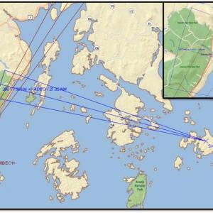 Lines of bearing for the origination of a suspected hoax caller in Maine during the past three years. More than 13 calls have been linked to the same caller over VHF-channel 16 radio in the Lincolnville, Maine area. (Courtesy of the U.S. Coast Guard)