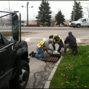 Rockland Public Works employees Dave Elwell and Nate Borst and Greg Bucklin, of Belfast, work fast to get ducklings out of the sewer and back into the care of their mother. (Photo courtesy of Kelli Bucklin)