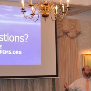 Rick Petrie, executive director of Atlantic Partners EMS, was in Camden Tuesday evening, April 30, to discuss with town managers, selectmen and a sprinkling of citizens from Camden, Hope, Lincolnville and Rockport about the business of emergence medical response in the state of Maine. (Photo by Lynda Clancy)