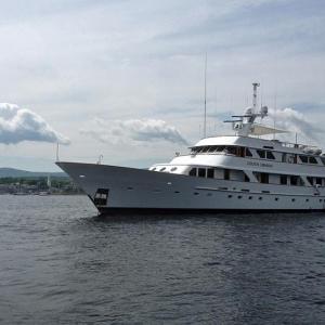 The 'Golden Compass,' a 155-foot motor yacht, sits at anchor in Camden Harbor while its crew is ashore climbing the surrounding mountains. (Photo by Steve Pixley)