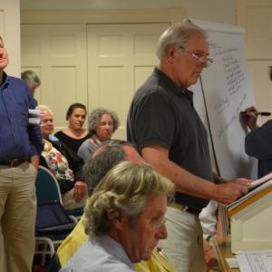 Rockport resident Jim Ruddy questions the Rockport Library Committee and Select Board on the reasoning behind the idea of building a new Rockport Public Library on the former Rockport Elementary School site on West Street at a workshop July 23. (Photo by Lynda Clancy)