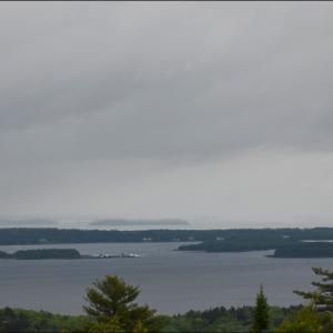 Penobscot Bay in the endless summer rain, looking east from Point Lookout in Northport, toward Islesboro. (Photo by Lynda Clancy)