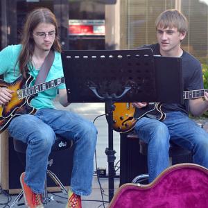 Cole Barbour, right, and Aaron Clarke played some nice jazz guitar in front of the Key Bank on Main Street in Rockland Wednesday night as part of Music on Main, presented by Rockland Main Street Inc. (Photo by Ron Hawkes)