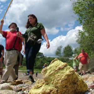 Ron Huber, red shirt, left, of the environmental advocacy group Friends of Penobscot Bay leads a walk on the beach near GAC Chemical Corp. In the foreground a football-sized lump of a yellow sustance, possibly a sulfur compound. (Photo by Ethan Andrews)