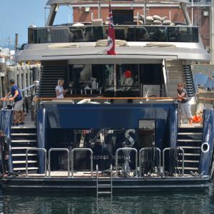 The TATS yacht sits docked at Journey's End Marina near the end of Tillson Avenue in Rockland awaiting the outcome of the search for missing diver James Stormes Sunday afternoon. (Photo by Ron Hawkes)