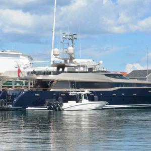 The motor yacht TATS, docked Sunday near the end of Tillson Avenue in Rockland Harbor. (Photo by Ron Hawkes)