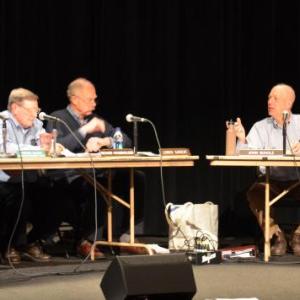 Left to right: Camden Attorney Bill Kelly, Planner and Code Enforcement Officer Steve Wilson, Camden Planning Board members Richard Householder, Lowrie Sargent, John Scholz, Jan McKinnon and Richard Bernhard. (Photo by Lynda Clancy)