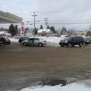 Cars lined up for gas at Dead River on Route 3 in Belfast.