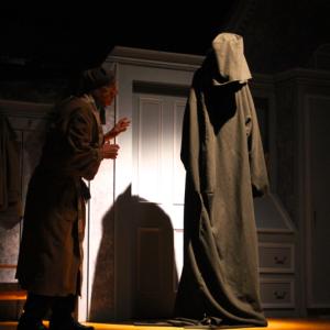 Brian Ross as Ebenezer Scrooge meets the Ghost of Christmas Yet To Come. (Photo by Wes Sterrs)