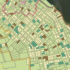 Detail of a map showing properties in Belfast that could become eligible to be subdivided under a proposal to reduce the minimum lot sizes inside the bypass. Affected properties appear in aqua. (Source: Belfast Planning Office)