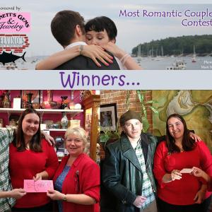 Most Romantic Couple Valentine’s Day Contest winners Sean O’Connor and Amy Taylor pose with Bennett's Gems and Jewelry owner Kim Dunn, and Delvino's chef Heather Nealley, during presentation of their winning gift certificates.