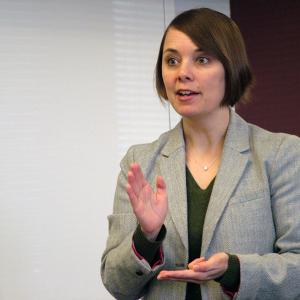 U.S. Senate candidate Shenna Bellows talks to Waldo County Democrats at the Belfast Free Library, March 9. Bellows is challenging three-term Senator Susan Collins. (Photo by Ethan Andrews)