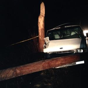 This crash in Lincolnville has closed Ducktrap Road and knocked out power to residents in Lincolnville and Islesboro, as well as some in Northport. (Courtesy Lincolnville Fire Department)