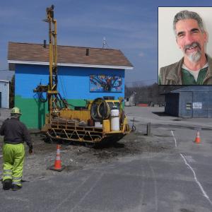 Mid-Coast Solid Waste Corp. Transfer Station Manager Jim Guerra, top right, said that work to install an underground grout wall to staunch the flow of water from the north quarry into the south quarry will likely be no more disruptive to people bringing in trash and recyclables than the core sample drilling work done during the week of April 14. (Photos by Holly S. Edwards/Chris Wolf)