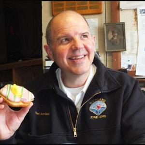Rockland Fire Chief Charlie Jordan with his favorite food. Marshmallow Peeps. "I've been addicted to them ever since I was a kid," he said.