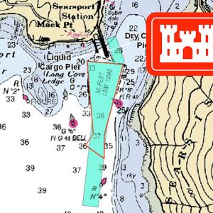 A map of the area around Mack Point cargo terminal in Searsport shows the proposed dredging area in blue. The boundaries of the current channel are marked with a thin red line. The extended length at the south end of the channel is to accommodate dredging the 35-foot deep channel to a depth of 40 feet.