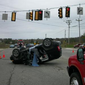 The driver of this Jeep Patriot was summonsed for failure of left turning vehicle to yield to right of way following a crash in Warren that totaled his sport utility vehicle and caused him minor injuries, including pain and cuts to his hands. (Courtesy Knox County Sheriff’s Office)