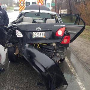 A Toyota sedan was destroyed May 1 after a tractor-trailer crashed into it on Route 1 in Camden. (Photo courtesy Camden Police Department)