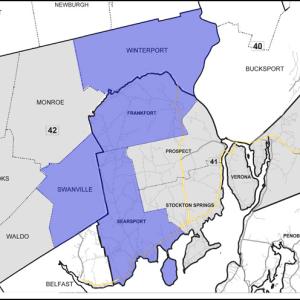 Statewide redistricting, in effect for the current election cycle, has dramatically changed the boundaries of Maine’s house districts, and created some unusual contests in the process. The newly-designated District 98 (shown in blue) is composed of towns from two current House districts (41 and 42) and includes the residences of two sitting legislators, who are competing against each other for re-election. (Graphic by Ethan Andrews)