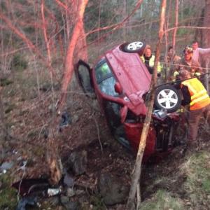 A single vehicle crash on Hatchet Mountain Road in Hope kept firefighters busy Monday night as they stabilized the small sport utility vehicle to help the driver out. (Photo courtesy Hope Fire Department)