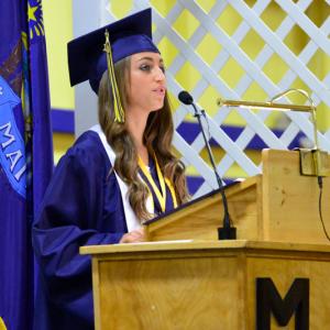 Medomak Valley High School senior Brooke Benedict gives her valedictory address to the graduates and people in attendance at commencement June 11. (Photo by Ron Hawkes)