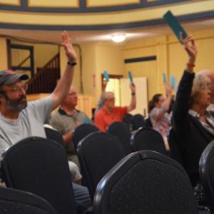 Rockport’s annual town meeting got under way at 7 p.m. June 11 with the fewest citizens on hand in decades, perhaps ever. (Photo by Lynda Clancy)