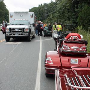 William Phillips of Palos Heights, Ill., was traveling with two other motorcycles, all from Illinois, on Route 1 in Rockport Sunday afternoon when he hit his front brake too hard and his front tire wrenched to the right, causing the bike to fall over. (Photo by Holly S. Edwards)