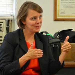 In the Boothbay Register newsroom on Aug. 19, Shenna Bellows, Democratic nominee for the U.S. Senate seat now held by Susan Collins, R-Maine, explains her views. LYNDA CLANCY/Penbay Pilot Shenna Bellows