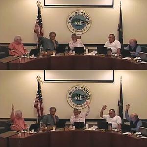 The Camden Select Board took two votes regarding an tannery property advisory question, and both times the vote was 4 to 1, with Leonard Lookner opposed. He eventually left the meeting in protest when it was clear the other select board members wanted to proceed in a manner that Lookner felt was ‘reneging’ on a decision, instead of taking proper steps to change a decision. (Courtesy Town of Camden/Town Hall Streams)