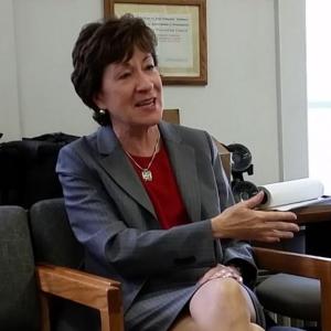 U.S. Sen. Susan Collins, R-Maine, answers a question during an interview with Boothbay Register, Wiscasset Newspaper and Penbay Pilot staff members on Oct. 7, in the Boothbay Register newsroom. KATRINA CLARK/Boothbay Register