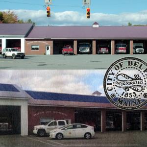 The Belfast Fire Station today, top, and a rendering of how it would look with an array of 180 solar electric panels on the roof. (Bottom image: ReVision Energy)