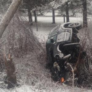 A car wrapped around a power pole on Route 17 today in Rockport, as driving conditions deteriorated. (Photo courtesy Rockport Fire Department)