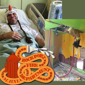 William ‘Billy’ Smith, a Rockport firefighter and Rockland Police officer, makes the best of his painful situation Monday in his room at Pen Bay Medical Center, where he is recovering from two lumbar spine fractures. Smith (not pictured in this photo) was training how to go through a hole in the ceiling, to get from a second floor to a first floor, when his foot became caught and he lost his grip and fell onto his back. (Photos by Holly S. Edwards/Jason Peasley)