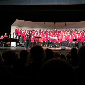 Standing before a packed house, the 131-strong Midcoast Community Chorus performs their winter concert Jan. 11 in Camden Hills Regional High School’s Strom Auditorium. (Photo by Holly S. Edwards)