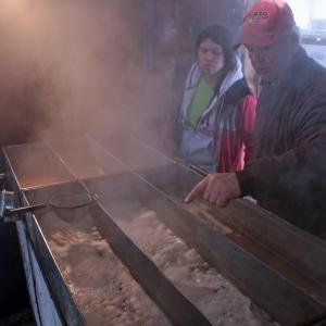 Skip Pound, right, explains the maple syrup extraction process to a visitor, Gabriella Blanco. (Photo by Holly S. Edwards)
