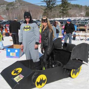 Don’t miss the third annual Cardboard Box Derby at the Camden Snow Bowl Saturday. Pictured: Batmobile with Cub Lewis as Batman and Bedina Austin as Catwoman. (Photo by Kay Stephens)