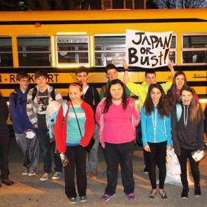 Students and their chaperones board the 5 a.m. bus at the Camden-Rockport Middle School to begin their trip to Japan. From left to right: Devon Lammert, Sol Caponigro, Miranda Marsh, Connor O’Farrell, Hope Bifulco,
Henry Chamberlin, Maddie Winslow, Jon Heath, Maddie Holt and Rebecca Cox. Chaperones: Left - Ruth Poland, Right - Beth York