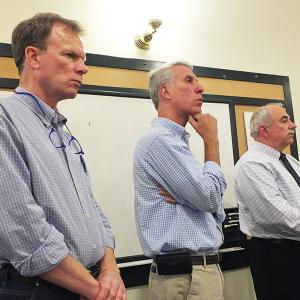 From left, Camden Snow Bowl General Manager Landon Fake, Gartley and Dorsky President Will Gartley and Ledgewood President Peter J. Pelletier appear before the Camden Select Board May 19 to talk about Phase 2 of the Ragged Mountain Redevelopment Project, due to start Tuesday, May 26, the day after Memorial Day. (Photo by Chris Wolf)