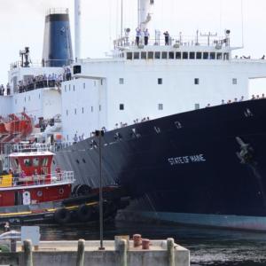 The ‘State of Maine’ is pushed out by Penobscot Bay Pilot tugboat from the dock in Castine. (Photo courtesy MMA College Relations)