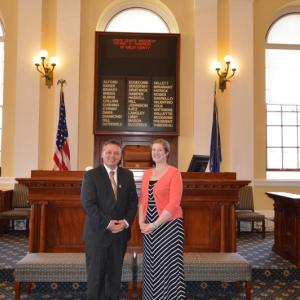 Waldo County Teacher of the Year Kathryn Foran meets with Senate President Michael Thibodeau May 7 in Augusta. (Photo courtesy Office of the Maine Senate President)