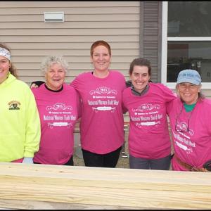 Working for the day in Thomaston on the Midcoast Habitat for Humanity house are left to right, Nevin Sabatini, Annie Mahoney, Sarah Whitmore, Alex Hodges and Nancy Killoran. (Photos by Chris Wolf)