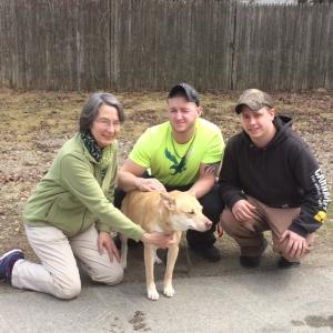 Lane Fisher, Bashful, and her two handlers, Austin Stevens and Caleb Hupper. (Photo courtesy Waldo County Sheriff’s Office)